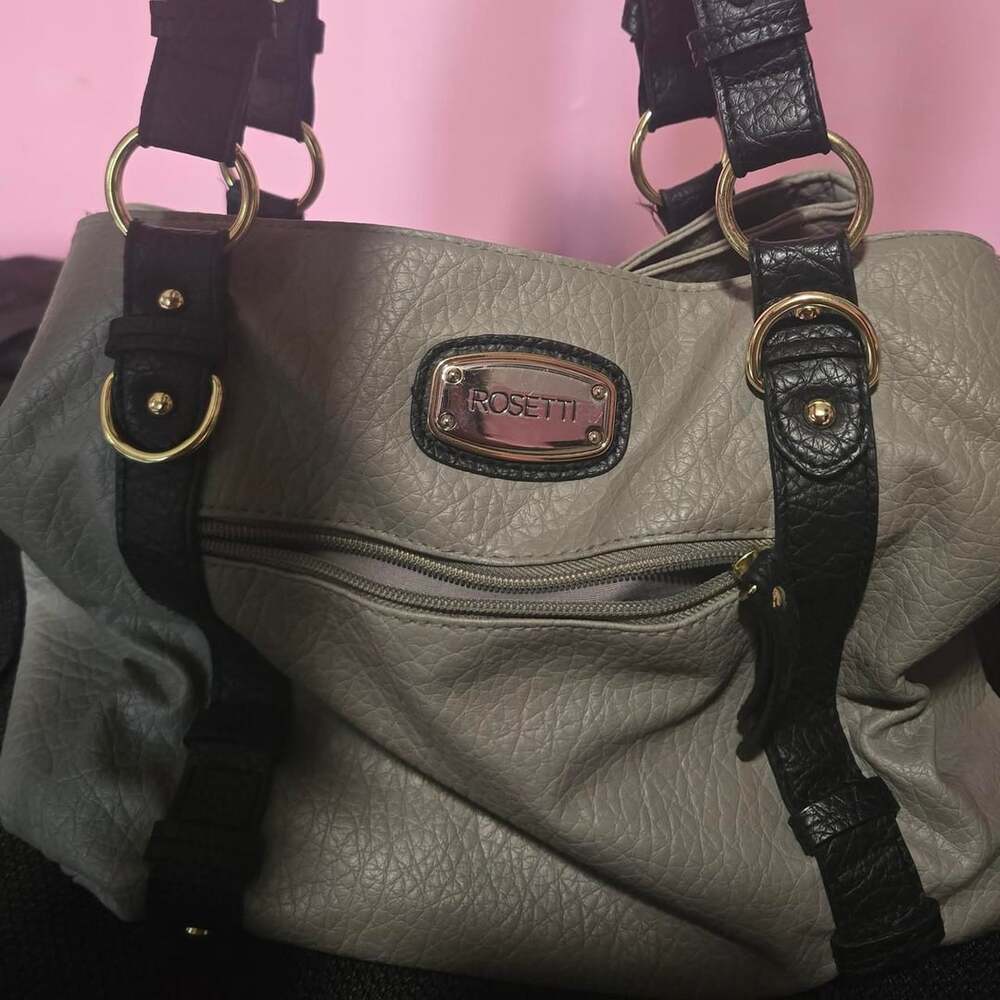 Rosetti Grey Faux Leather Satchel Purse with Black Straps